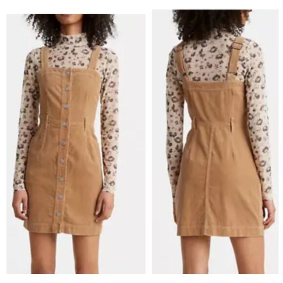 NWT Levi's FIORELLA Golden Tan Cotton Corduroy Button Down Jumper Dress, Sz Med - Picture 1 of 12